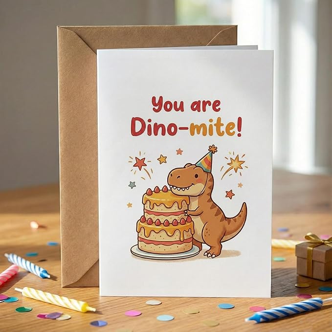 Cute Dinosaur Birthday Card for Kids Adults, Funny T-Rex Dino-Mite Pun Greeting Card, Awesome Bday Gift for Boy Girl Friend, Unique