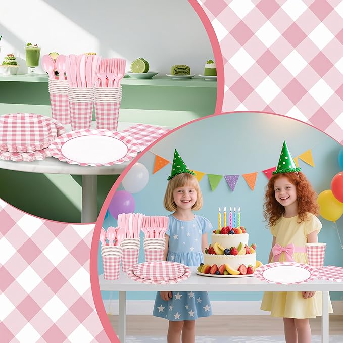200 Pcs Light Pink Gingham Party Supplies Pink and White Scalloped Paper Plates and Napkins Cups Disposable Gingham Checkered Plaid Dessert Plates Tableware Set for Baby Shower Wedding BBQ