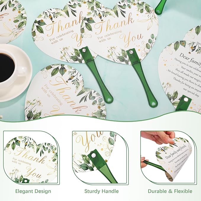 Aneco 120 Pieces Wedding Hand Plastic Fans with Wedding Table Sign Handheld Plastic Fan with Handle for Guests Bulk Wedding Hand Fans for Wedding Ceremony Bridal Shower, Green Leaves