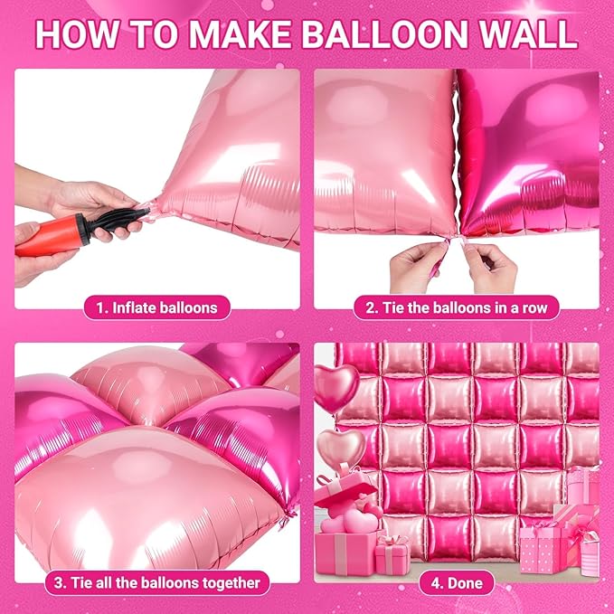 50 PCS Hot Pink Square Foil Balloons, Reusable Double Sided DIY Mylar Balloon Arch & Wall Backdrop Kit for Bridal Wedding Birthday Bachelorette Graduation Baby Shower Party Decorations