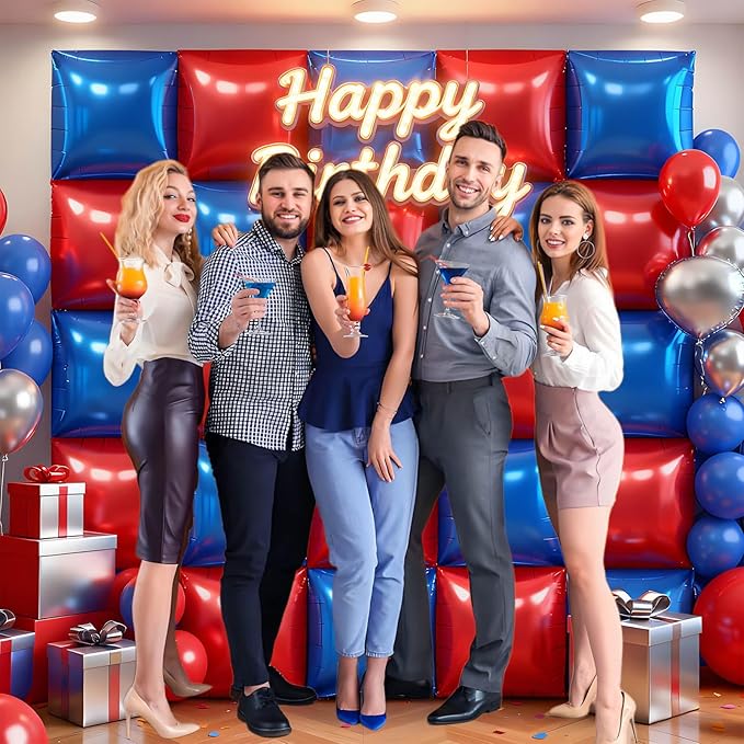 36Pcs Red and Blue Square Foil Balloons Wall Backdrop, Double Sided Metallic Foil Balloons Tunnel Arch Garland Kit for Photo Booth Birthday Wedding Halloween Christmas Party Decorations
