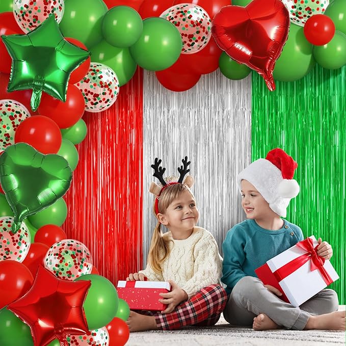 Merry Christmas Party Decorations Set Balloon Garland Arch Kit Balloons Merry Xmas Banner Red Green Foil Fringe Curtain Xmas Birthday Baby Shower Party Balloons Party Props for Photo Supplies