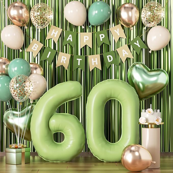 Sage Green 60th Birthday Decorations, Sassy 60 Party Supplies for Women Men, Sand White & Cream Balloon Kit with Green Number 60 Balloon and Fringe Curtains