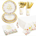 Crisky Bridal Shower Plates and Napkins Gold Cheers to Love Disposable Tableware Set of 24 for Engagement Bridal Shower Wedding Party Decorations (Plates, Napkin, Cups, Tablecloth, Knife & Fork)