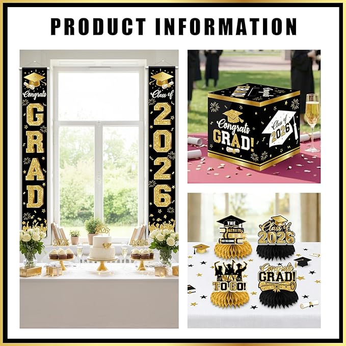 2026 Graduation Decorations - Black Gold Congrats Grad Party Supplies include Card Box, Backdrop, Banner and Balloons for Class of 2026 Decorations Set