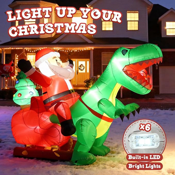 JOYHALO 8.2FT Long Christmas Inflatables with LED Santa Ride on Dinosaur Outdoor Christmas Dinosaur Inflatable Blow Up Yard Decorations with Sandbags Stakes Strings for Garden Decor