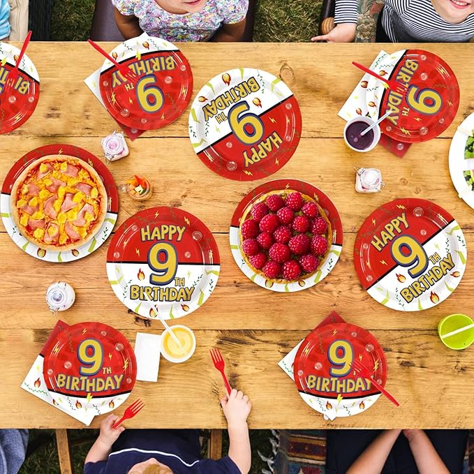Grencian 96Pcs Happy 9th Birthday Party Supplies Cartoon Anime Themed Paper Plates and Napkins Tableware Sets Red and White Decoration for 9 Year Old Birthday Kids Children Party Serves 24