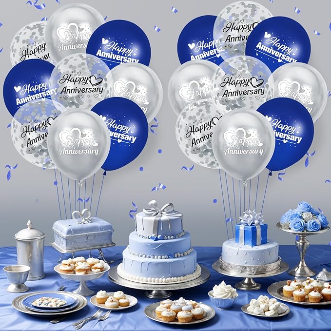Happy Anniversary Balloons 18Pcs Blue Silver Party Decorations for Women Men 12Inch Metallic Confetti Balloons for Indoor Outdoor Party Supplies