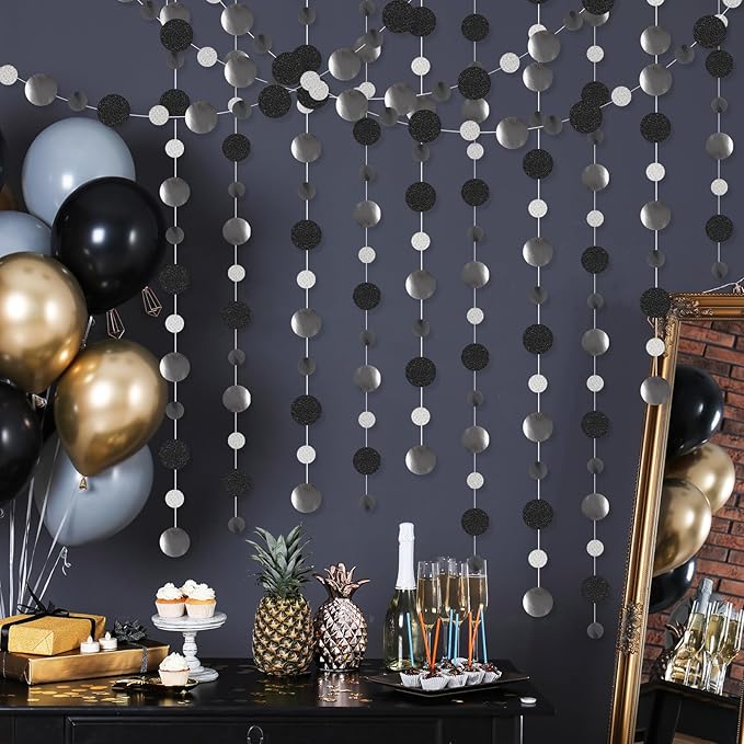 Outus 10 Pieces Black,Silver Round Dots Garland Easter Graduation Party Hanging Decor Each Length 13.1ft Glitter Paper Dot Streamers for Birthday Wedding Classroom