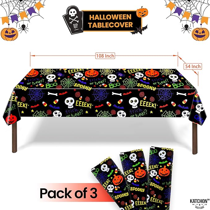 KatchOn, Plastic Halloween Tablecloth- XtraLarge 54x108 Inch, Pack of 3 | Plastic Table Cover for Halloween Decorations Indoor | Spooky Table Cloth, Spooky Party Decorations | Happy Boo Day TableCloth