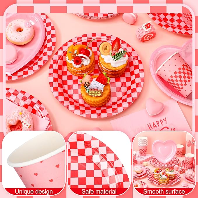 Zhehao 112 Pcs Galentine's Day Party Supplies Set for 24 Guests 9 Inch 7 Inch Paper Plates 9 oz Cups Napkins and Cutlery Pink and Red Plaid Ladies Celebration Party Decor Women Supplies