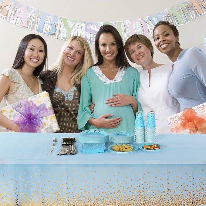Blue and Gold Tablecloths for Party 2 Pack - 54x108 inch Gold Dot Confetti Disposable Rectangular Plastic Table Cover for Baby Shower Boy Birthday Engagement Wedding Gender Reveal BBQ Party