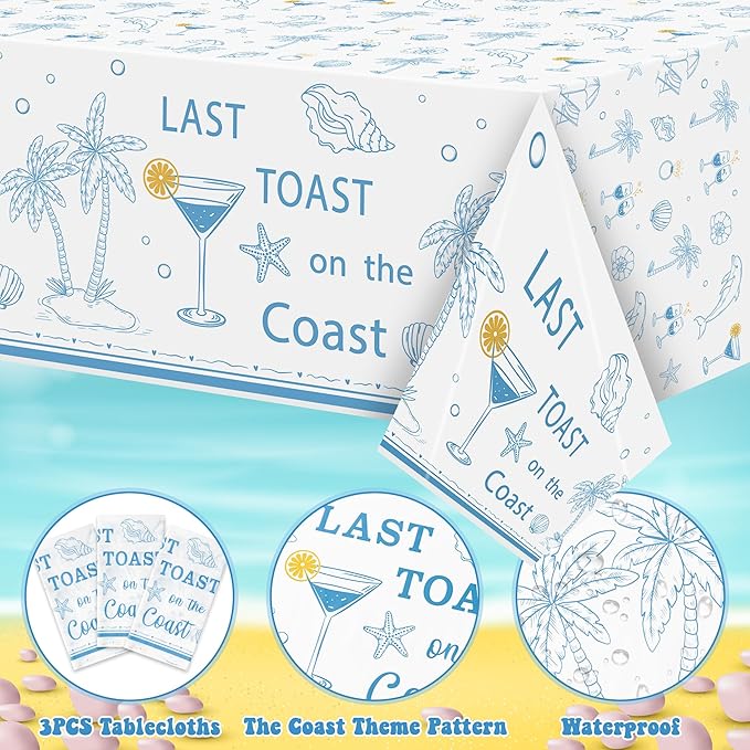 K1tpde 3PCS Last Toast On The Coast Bachelorette Party Tablecloth for Adult, Coastal Themed Blue Wine Cup Shell Starfish Plastic Tablecloth, Disposable Tablecover for Bridal Shower Summer Party Decor