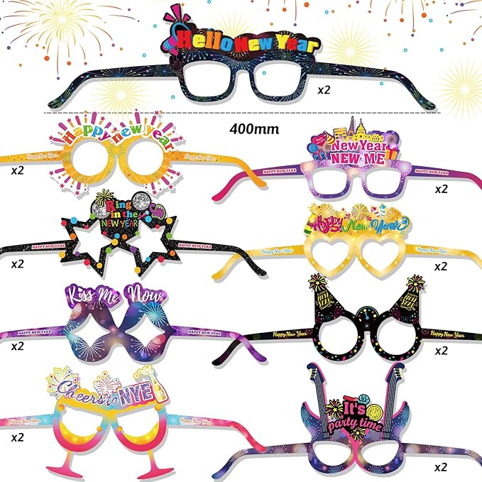 HOWAF 2026 New Year Eve Party Supplies, Happy New Year Tiaras Headband, 2026 New Year Glasses Top Hats Fringed Noisemaker and Necklace, Black and Colorful New Year's Eve Party Favors