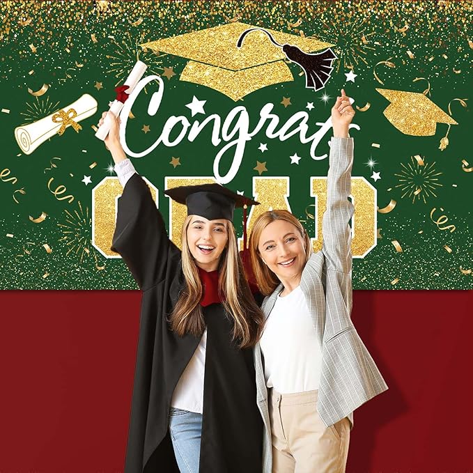 Graduation Party Decorations - Green Gold Congrats Grad Class of 2026 Backdrop Banner Large Sign Wall Decorations Photography Background Party Supplies for 2026 Graduation Party Decorations