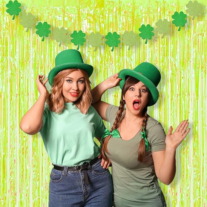 BRAVESHINE Iridescent Foil Fringe Backdrop - 2 Pack 3.2 x 6.5 ft Holographic Tinsel Curtain Party Streamers Photo Backdrop for Birthdays Dinosaur Theme Christmas Patricks Decorations - Clear Green