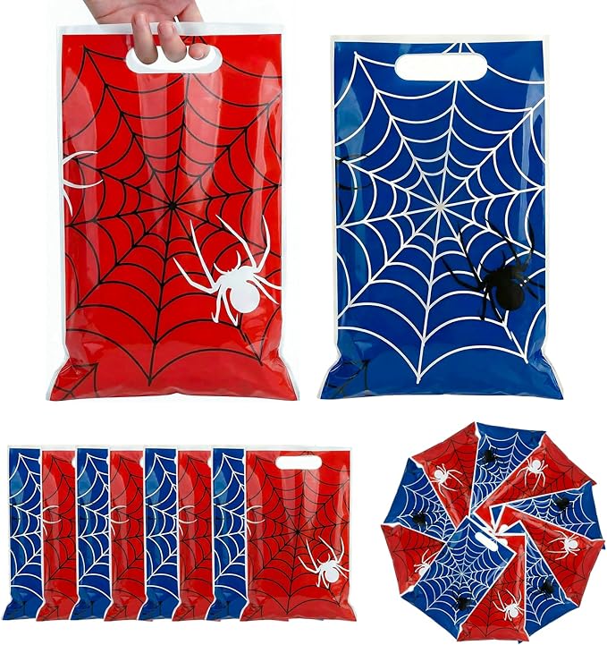 Xyinxy 40Pcs Spider Web Party Favor Bags, Red & Blue Cartoon Plastic Goodie Candy Bags for Party Supplies, Spider Treat Cookie Gift Bags with Handles for Birthday Party Theme