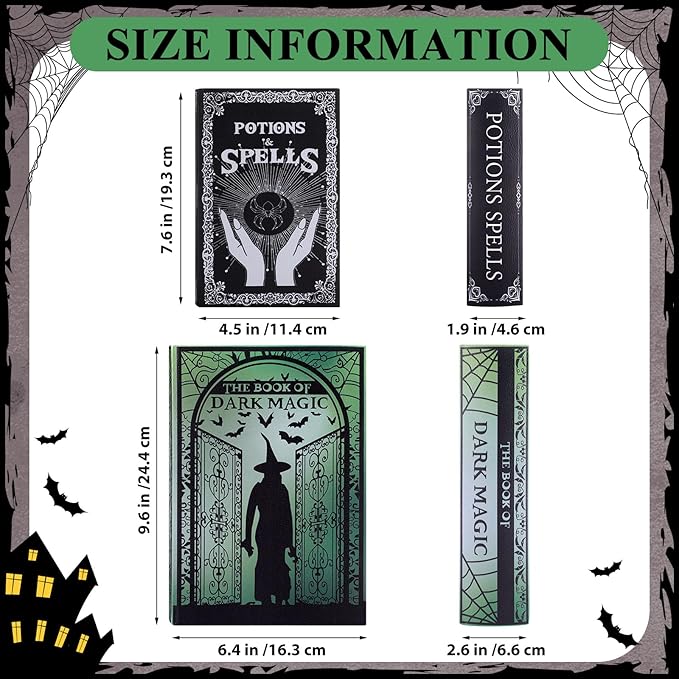 Set of 2 Magic Nesting Halloween Books Decoration Witch Potion Dark Magic Pattern Spooky Holiday Themed Fake Faux Hollow Book Boxes Decorative Vintage Gothic Jewelry Trinket Storage Box