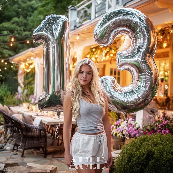AULE 40 Inch Jumbo Silver Foil Mylar Number Balloons for Boy Girl 13th Birthday Party Decorations 13 Years Old Anniversary Party Supplies