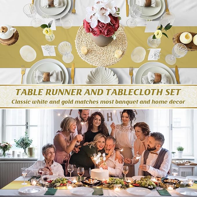 12Pack 12x108 Inch Satin Table Runner and 54x108Inch Plastic Tablecloths Set White and Gold Disposable Rectangle Table Cover for Graduation Wedding Bridal Shower Anniversary Birthday Party Decorations