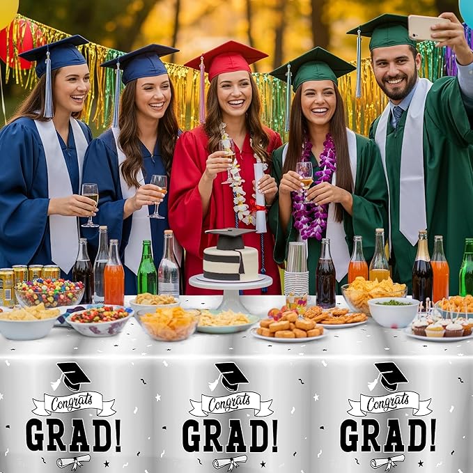 QZYL 2 Pcs 2026 Graduation Table Decorations, 108" X 54" Silver Graduation Table Cloths, Rectangle Tablecloth for Grad Party Supplies, Disposable Plastic Tablecover for Class 2026 Congrats Grad