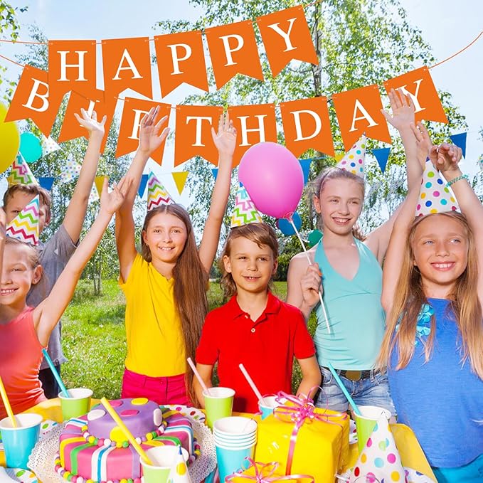 Orange Birthday Banner Sign Happy Birthday Bunting Banner Garland for Kids Girl Woman Tea Party Decorations Bunting Flag Themed Party Supplies