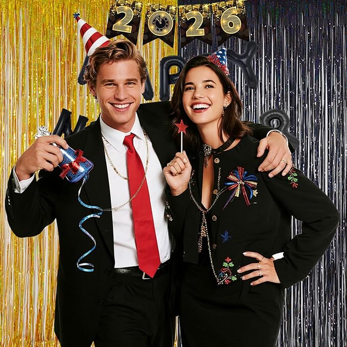 Black Tinsel Fringe Backdrop Curtains Birthday Party Decorations- 3.28x6.56 ft Metallic Tinsel Streamers, Photo Booth Background for Wedding, Graduation, Party Decorations - 2 Packs