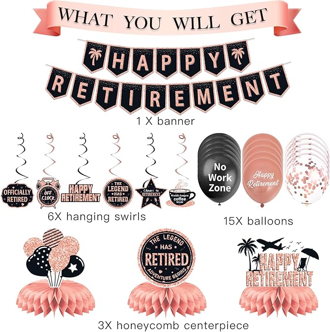 25Pcs Retirement Party Decorations for Women, Rose Gold Happy Retirement Banner Balloons Party Supplies, The Legend Has Retired Farewell Theme Honeycomb Centerpiece Swirl Decor