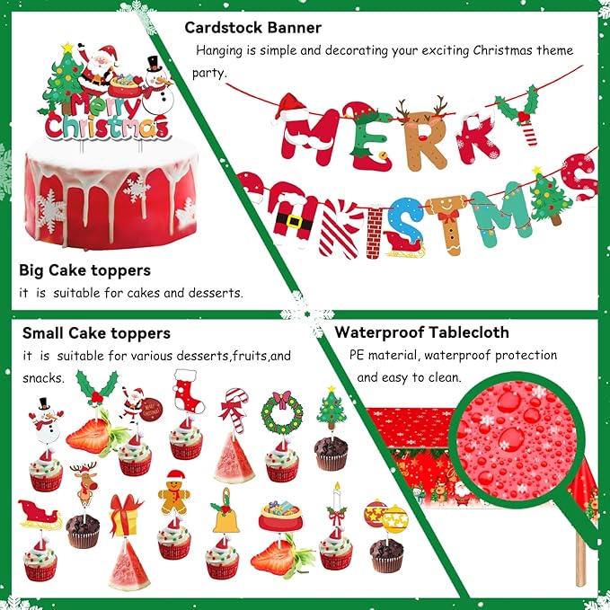 Christmas Dinnerware Set Santa Claus Party Supplies Includes Plates Napkins Cups Knives Spoons Forks Tablecloth Balloons Banner Cupcake Toppers for Merry Christmas Party 156 Pieces