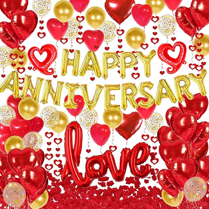 Happy Anniversary Decorations with Gold Happy Anniversary Banner, Red Heart Balloons, Love Balloon, Silk Rose Petals and Heart Hanging Decor for Valentines Day, Wedding, Bridal Shower Decorations