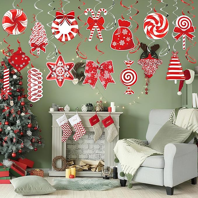 36Pcs Christmas Peppermint Candy Hanging Swirls, Red and White Christmas Ceiling Hanging Swirls Streamers for Winter Xmas Party Decorations