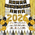 Happy New Year Decorations 2026, New Years Banner Foil Curtain Cone Hats Glasses Photo Props Headband Noisemakers Squakers 2026 Foil Ballons Accessories for Eve Celebration Decorations Favors