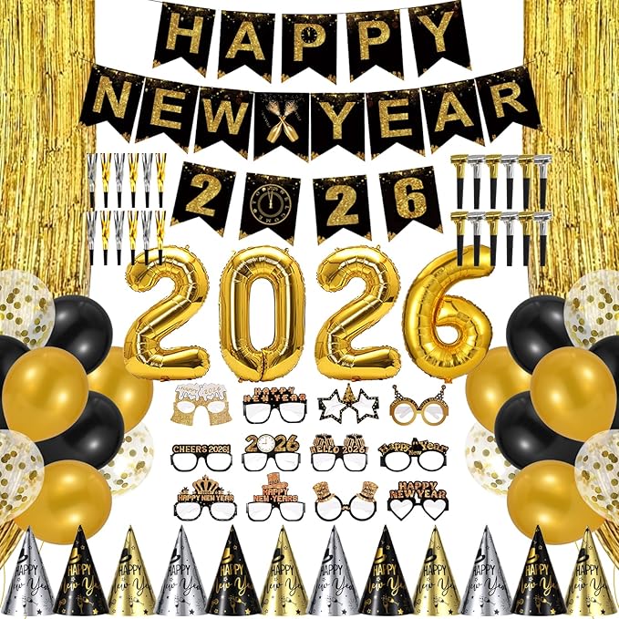 Happy New Year Decorations 2026, New Years Banner Foil Curtain Cone Hats Glasses Photo Props Headband Noisemakers Squakers 2026 Foil Ballons Accessories for Eve Celebration Decorations Favors