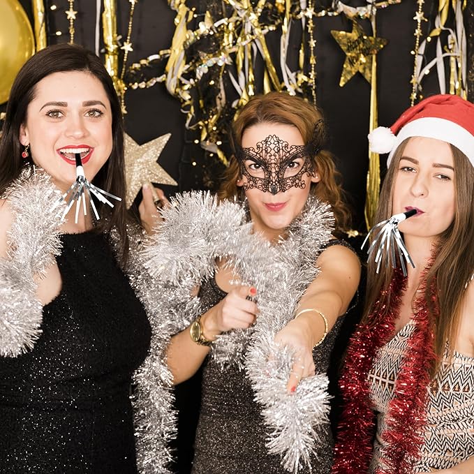 50Pcs New Years Noise Makers, New Years Eve Party Supplies, Silver Party Blowers Horns Metallic Fringed Happy New Year Party Favors for Eve Family Gathering Sporting Events