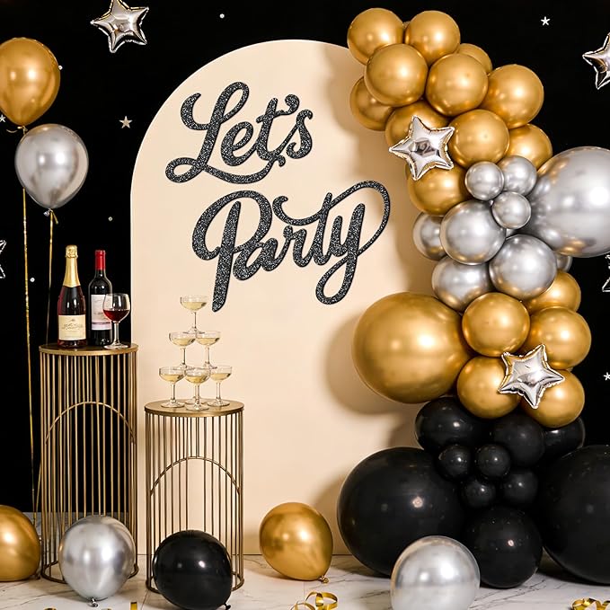 Babenest Let's Party Felt Sign, Flash Black Reusable Glitter Letter Banner for Backdrop, Balloon Arch Decor, Party Supplies for Graduation, Birthday, Wedding, Bachelorette, Christmas, Home Bar, Man Cave Wall Decorations