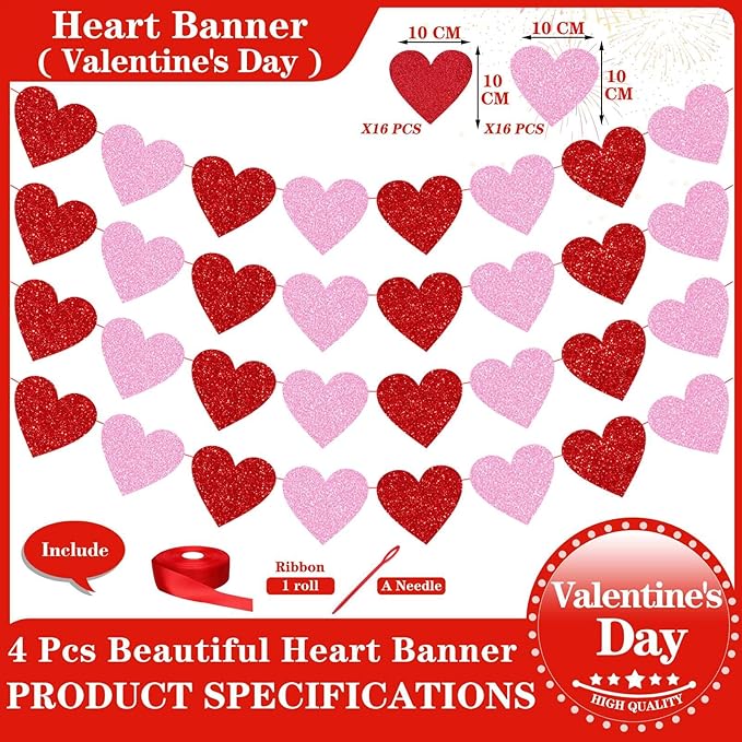 Glitter Red Pink Banner, 4 Strings Red Pink Shiny Heart Banners Sign for Celebrate Party Wedding Ceremonies Holiday Party Decorations