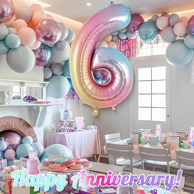 Rainbow Gradient Number 6 Balloon, 40 Inch Big Large Foil Number Balloons, Jumbo Mylar Number 6 Balloons for 6 Year Old Birthday Party Decorations Supplies Anniversary Celebration