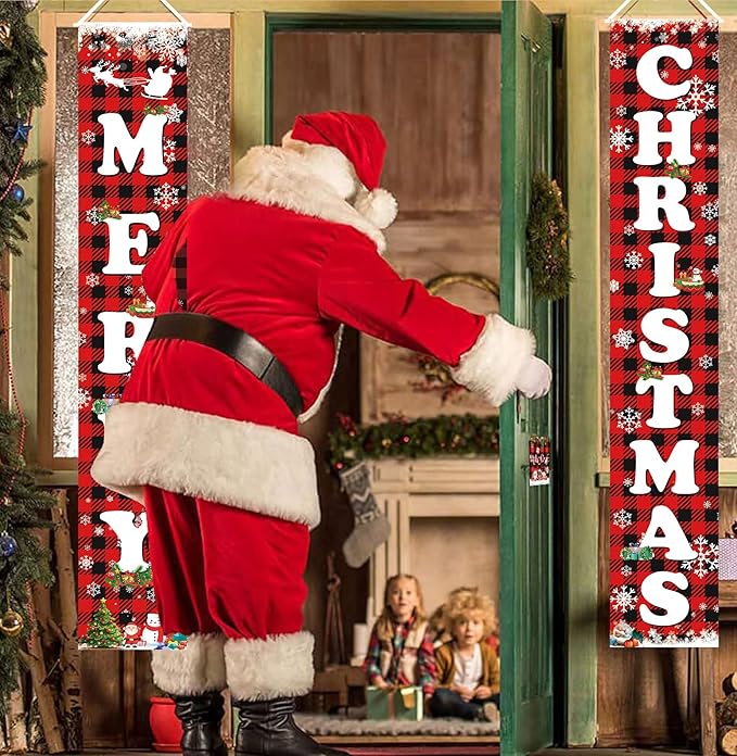 Fecedy MERRY CHRISTMAS Hanging Banner Porch Sign & Christmas Stree Snow Pattern Backdrop for Home Yard Indoor Outdoor Wall Door Party Decorations 72"x12"