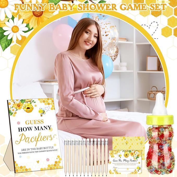 Syhood 472 Pcs Bee Baby Shower Games Guess How Many Pacifiers Game Sign 50 Small Guessing Games 20 HB Pencils 750 ml Milk Bottle 400 Acrylic Pacifiers Decorations Guests Gender Reveal Party Favor