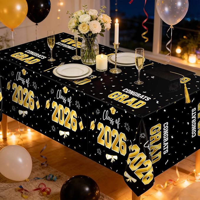 QZYL 4 Pack Graduation Decorations, 54" x 108" Black and Gold Rectangle Graduation Table Cloths, Plastic Tablecloth for College Congrats Grad, Disposable Grad Party Decorations for Class of 2026