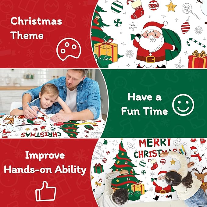 Childom 1 Pack Christmas Coloring Tablecloth for Kids,Christmas Crafts for Kids,30 x 72 Inch Disposable Paper Table Cover,Giant Coloring Poster for Children Gifts Games Activities Holiday Party Favors