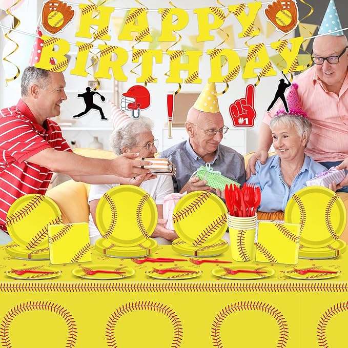184pcs Softball Birthday Party Supplies Set Includes Softball Plates Napkins Cups Tablecloth Swirls Banner Tableware Kit Dispose Softball Party Decorations Favors for Girl Woman Man, Serve 25