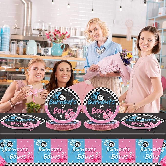Qyeahkj 24 Guests Burnouts or Bows Gender Reveal Party Supplies Baby Boy or Girl Disposable Plates and Napkins Tablecloth Baby Shower Party Decorations Paper Tableware Set Decor Party Favors