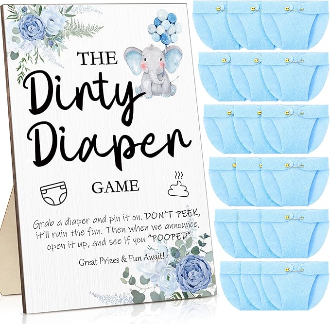 Roowest 51 Pcs Dirty Diaper Baby Shower Games Funny Wooden Sign with 50 Pcs Mini Diapers Cute Felt for Gender Reveal Party Baby Shower(Blue Elephant)