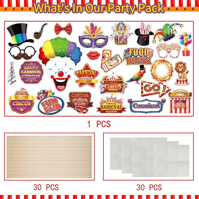 30 Pieces Carnival Photo Booth Props Funny Circus Carnival Photobooth Props Carnival Theme Party Decorations for Birthday Christmas New Year School Party