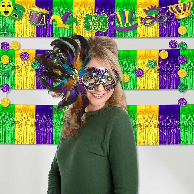 3 Pack 10 Ft Gold Green Purple Foil Fringe Garland Metallic Streamers Tinsel Banner Wall Hanging Garland Backdrop for Parade Floats, Halloween, Christmas, Thanksgiving, New Year Party Decorations