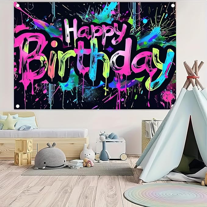 Neon Happy Birthday Banner - 71x43 Photography Backdrops, Party Background Decorations, Colorful Graffiti Splash Paint Kids Birthday Supplies, Glow in The Dark