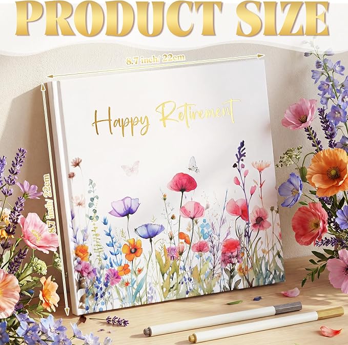 2026 Retirement Guest Book with 2 Markers 8.7'' Square Hardcover Blank Guest Photo Signing Memory Book Happy Retirement Gift Party Supplies for Women Men Teacher Grad Decor (White,Floral)