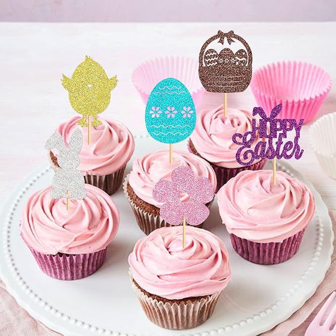 Ercadio 28Pcs Happy Easter Cupcake Toppers Glitter Bunny Easter Eggs Carrot Rabbit Chick Cupcake Picks for Happy Easter Cupcake Decors Easter Baby Shower Birthday Wedding Party Supplies