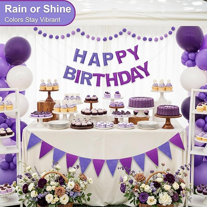 Pre-Strung Happy Birthday Banner & Felt Garland Set - Ombre Purple Birthday Decorations for Women Men Boys Girls | Reusable Party Supplies for Indoor & Outdoor